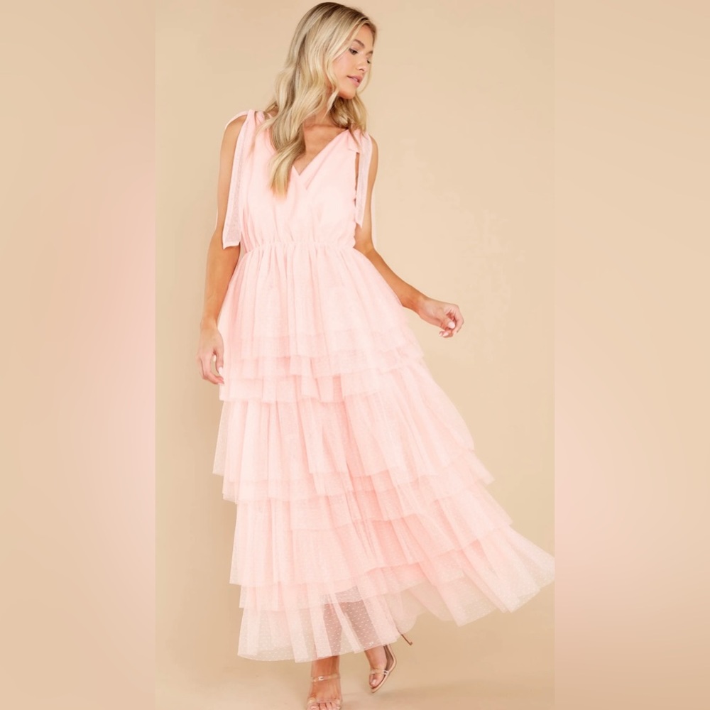 Red Dress Boutique Blush Pink Tiered Tulle Midi Dress